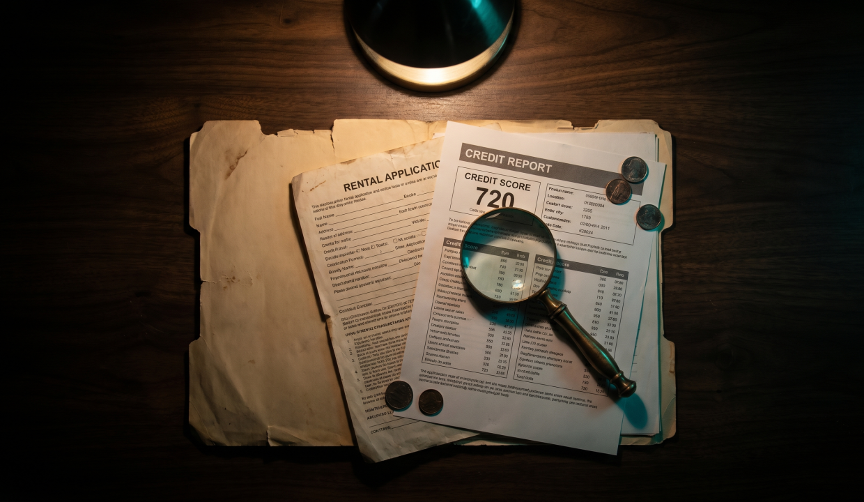 Magnifying glass over a credit report on a dark wood desk — tenant screening Puerto Rico